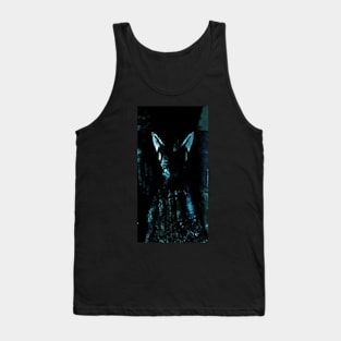 Digital collage, special processing. Strong, muscular men figure, arabian skirt, dark room. Demon. Light blue. Tank Top